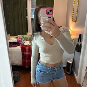 Garage Beige Long Sleeve Crop Top